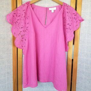 Charter Club Linen Luxury Pink Top Size XL Eyelet Ruffle Sleeves